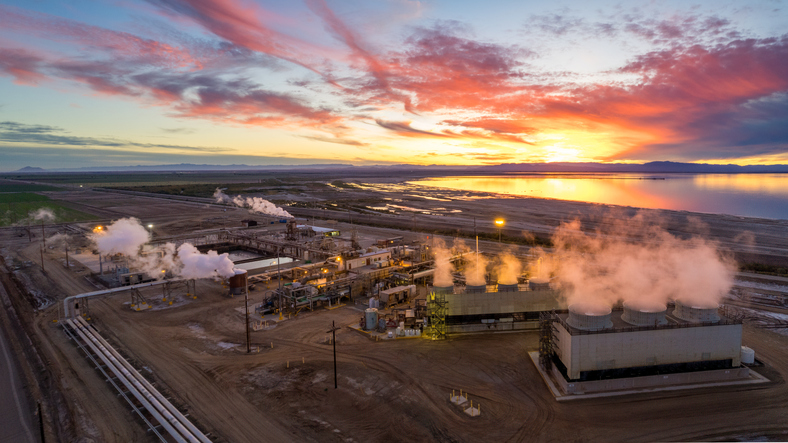 Geothermal plant at sunset