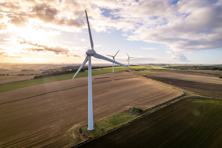 Onshore wind turbines across farmland